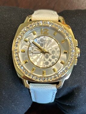 Coach Gold-Tone Boyfriend Crystal Bezel 35mm Watch with White Leather Strap
